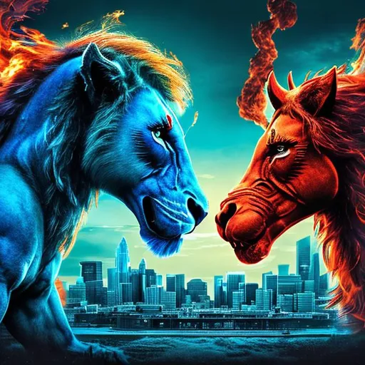 Prompt: Honolulu Blue lion and Red Horse Staring Fiercely at each other, Muscular Body, with a flaming mane, Realistic, Powerful, Teal Detroit City Skyline in Background, Close-up of twinkling glimmering eyes, "313SportsGuru" watermark text, HDR, 64K

