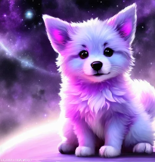 Prompt: Cute, purple, fluffy, fantasy space puppy, with starry, purple eyes, purple fur, and possessing the element of space and making circles of stars
 move around in the air in a magical way, in a space background. Perfect features, extremely detailed, realistic. Krenz Cushart + loish +gaston bussiere +craig mullins, j. c. leyendecker +Artgerm.