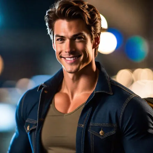Prompt: A handsome, attractive, tan, and very muscular, Peter Parker with a small mustache and goatee, jeans, defined musculature. High quality, bright lighting, defined musculature, Smiling. 