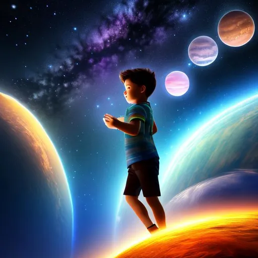 Prompt: a boy fly in the dark sky, 4k, planets are showed 