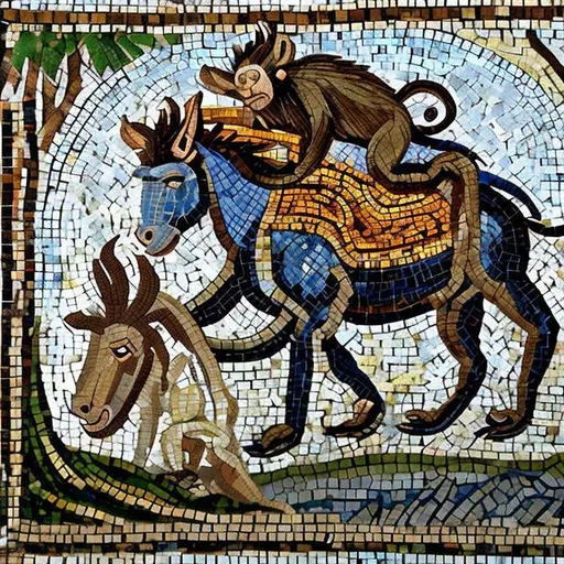 Prompt: a mosaic of a monkey riding on a donkey with a lizard on the ground