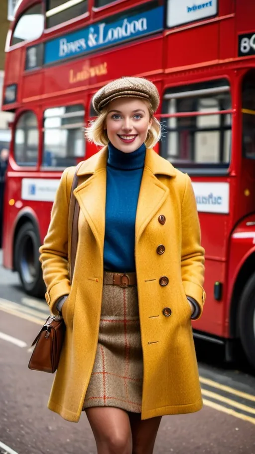 Prompt: 8k photo of a young woman, short blonde hair, blue eyes, beautiful square face, stepping off a red London bus, yellow tweed coat, flat cap, white turtleneck sweater, brown tweed skirt, brown leather boots, high street, smile, professional photography, detailed facial features, elegant, classic, sophisticated, vintage, natural lighting, warm tones, best quality, tweed fashion, London street scene, stylish