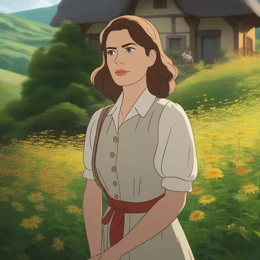 Prompt: ghibli movie starring hayley atwell, consistent lighting and mood throughout