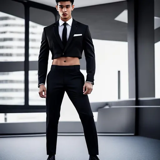 Prompt: crop top black long sleeve business suit with a black necktie, bare midriff, bare navel,  black business suit pants, 20-years old, male, man, confident, long wavy hair, six pack abs, standing, arms akimbo, showcasing abs, sideview, outside, shining light, photo, 4k, hdr, vibrant, studio camera,