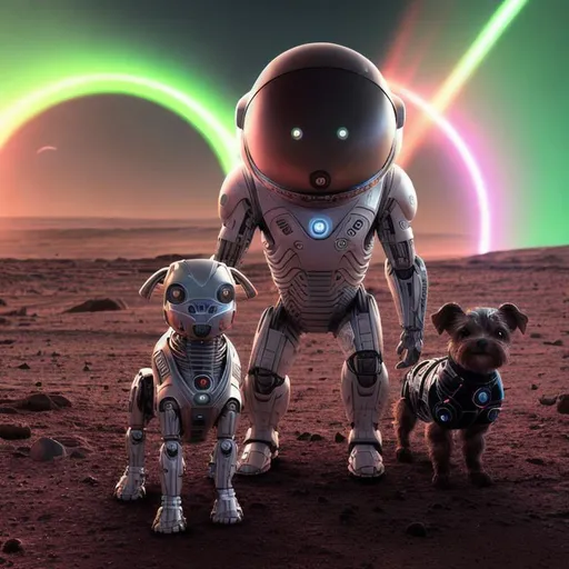 Prompt: image of cyborg elon musk in alien suit with robot yorkie terrier on Mars, aliens and moon, beams of neon rays, ai render, smoke, water, black mirror, time lapse