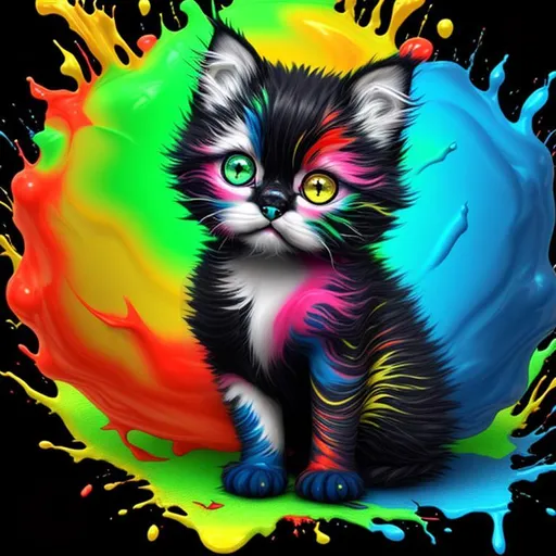 Prompt: beautiful freeform colorful chaos epic bold, 3D, HD, {one}({liquid Velvet {Fluffy!!! Persian}Kitten with {Red Yellow Blue Green Black}Paint), expansive psychedelic background --s99500 