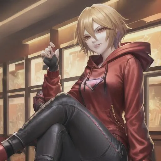 Prompt: female Kai'sa league of legends blonde short hair, red hoodie, black jeans, smile, golden eyes, 