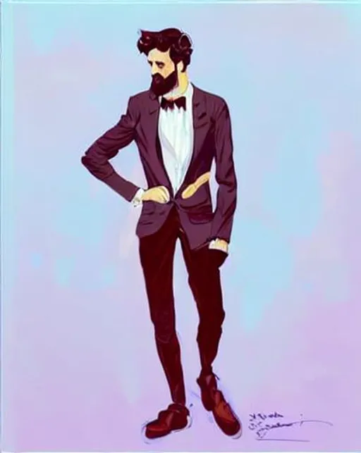 Prompt: a ultradetailed portrait painting of a stylish bearded man wearing suit outfit, by conrad roset, greg rutkowski and makoto shinkai trending on artstation