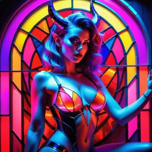 Prompt: a beautiful female demon in a dynamic pose in a retro futuristic synthwave cyberpunk neon paradise.  neon lighting, high quality, beautiful, masterpiece, artistic, synthwave, cyber, retro, futuristic