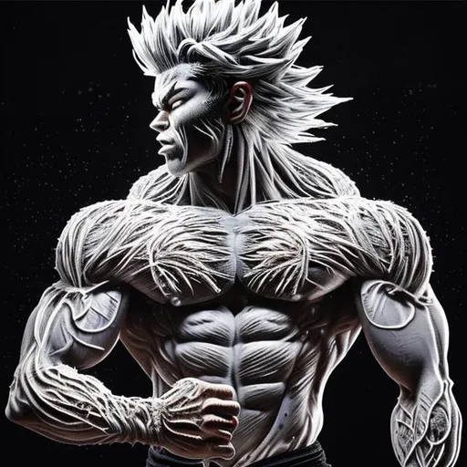 Prompt: 64K masterpiece intricate hyperdetailed breathtaking 3D glowing black oil painting medium portrait of Son Goku, black trousers, intricate hyperdetailed muscular body, intricate hyperdetailed muscles, glowing white light reflection on the muscles, hyperdetailed intricate hard standing glowing hair, hyperdetailed glowing angry white eyes, detailed face, white glowing muscles, white glowing body, white glowing skin, semi-polaroid monochrome photography, hyperdetailed complex, character concept, hyperdetailed intricate glowing shining glamorous white water drop floating in the air, very angry, intricate glowing light reflection, intricate hyperdetailed glowing iridescent reflection, strong glowing white light on the hair, contrast white head light, hyperdetailed very strong black shading, very strong black muscle shadow, professional award-winning photography, maximalist photo illustration 64k, resolution High Res intricately detailed, impressionist painting, yellow color splash, illustration, key visual, panoramic, cinematic, masterfully crafted, 8k resolution, stunning, ultra detailed, expressive, hypermaximalist, UHD, HDR, UHD render, 3D render, 64K, hyperdetailed intricate watercolor mix oil painting on the body, Toriyama Akira