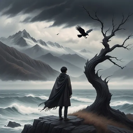 Prompt: A young man (lost in the world), standing by the ocean, stark mountains looming in the background, a single tree silhouetted against a cloudy and dreary sky, a gust of strong wind blowing through his scarf, one crow (flying), dramatic atmosphere, soft muted colors, high detail, ultra-detailed, capturing a sense of vulnerability and isolation.