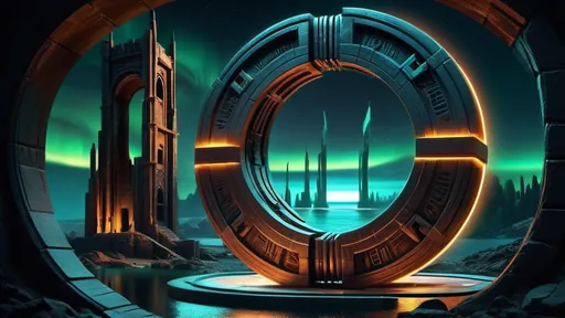 Prompt: magical portal between cities realms worlds kingdoms, circular portal, ring standing on edge, upright ring, freestanding ring, hieroglyphs on ring, complete ring, ancient roman architecture, atlantis setting, aurora borealis, panoramic view, dark night, futuristic cyberpunk tech-noir setting