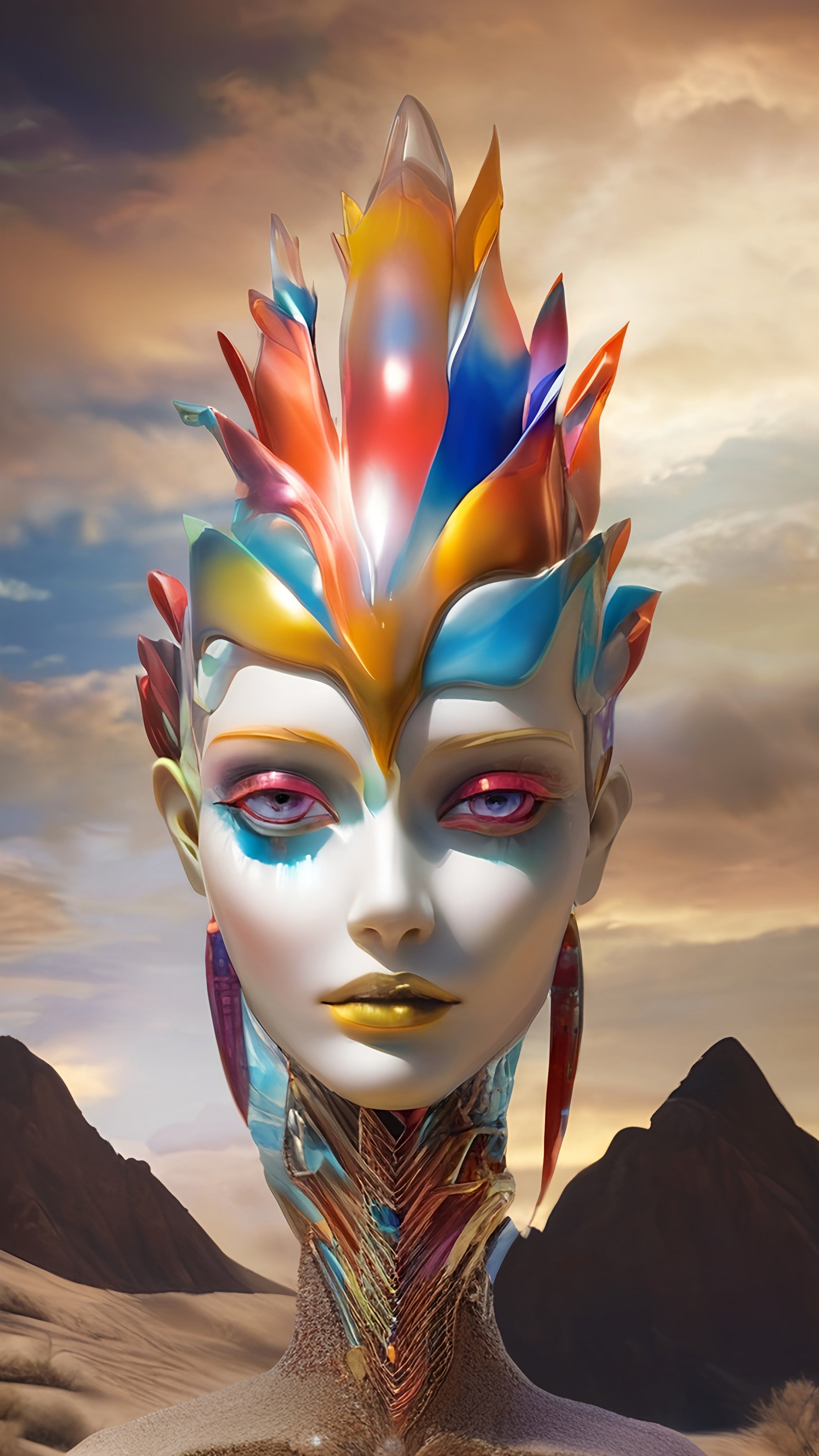 Prompt: a woman with a colorful headpiece and a sky background with clouds and mountains in the background