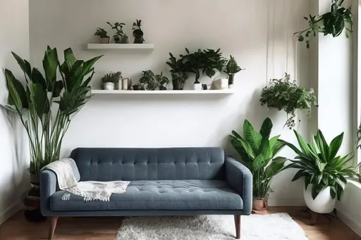 Prompt: I need a minimalist looking couch, with a plant and lamp next to it, needs to look like a photo, and needs to be 1920x1080p