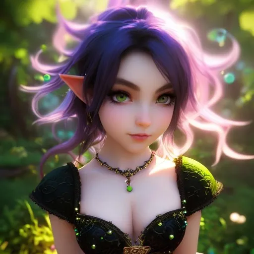 Prompt: fantasy style, High-resolution hyper-realistic portrait of a wicked dark wizard goth girl, {extremely COLOSALLY BREASTED}, pale skin, big dreamy eyes, soft cheeks, round chin, pointed ears {elf ears}. a totally bare navel, and a totally exposed belly button. necklace with beads, Micro skirt. stone floor with a swirling green necrotic portal.
