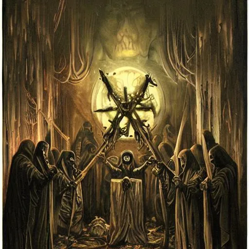 grim painting of evil occult ritual with hooded cult... | OpenArt