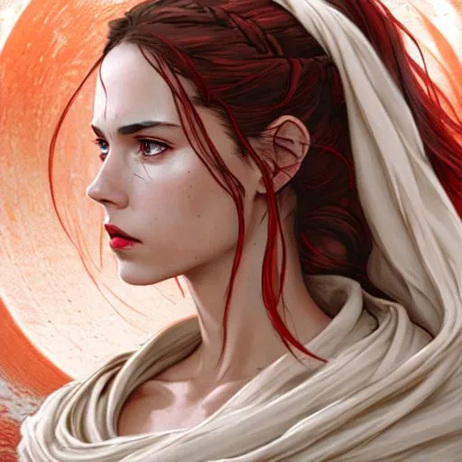 Prompt: rey from star wars {female character}, back to audience, longshot, flowing brown hair + flowing white robes + intense red glow , {{back to camera}}, hyperrealistic, dark fantasy, soft light, concept art, zoom in, over shoulder, luis royo, red lips