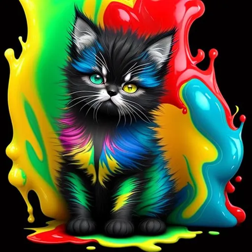 Prompt: beautiful freeform colorful chaos epic bold, 3D, HD, {one}({liquid Velvet {Fluffy!!! Persian}Kitten with {Red Yellow Blue Green Black}Paint), expansive psychedelic background --s99500 