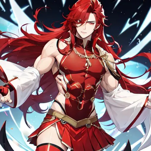 Prompt: Zerif 1male (Red side-swept hair covering his right eye) muscular, UHD, 8K, Highly detailed, insane detail, best quality, high quality. wearing a skirt, wearing thigh highs