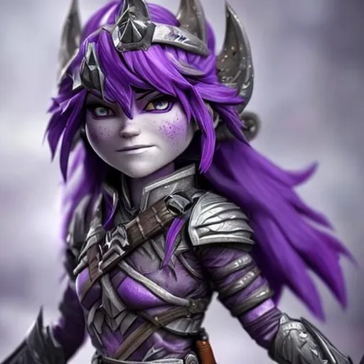 Prompt: A Female Rock Gnome Ranger with long straight purple hair, purple eyes, silver grey skin that sparkles. She is cute but dark. Realistic, dungeons and dragons style. Not a cartoon.