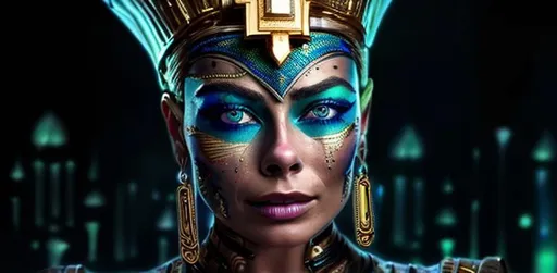 Prompt: pharoah, black eye mascara, blue face paint, gold face jewelery beads, gold, blue, green, beautiful, scifi, futuristic, margot robbie