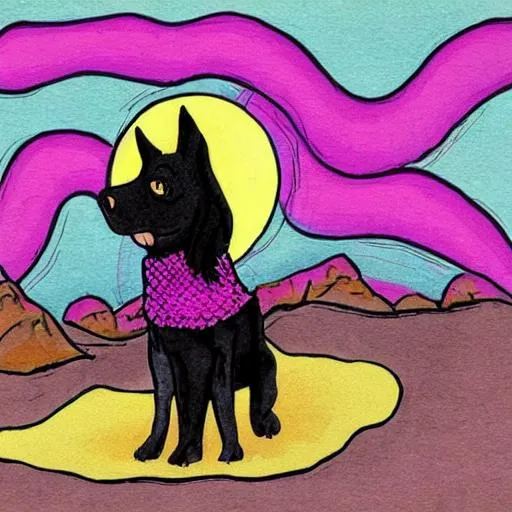 Prompt: Black dog in pink and purple sweater a dreamy setting. Artistic cartoon