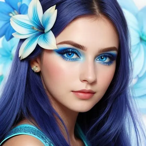 Prompt: A woman all in blue, blue eyes, pretty makeup,blue flower in hair, facial closeup