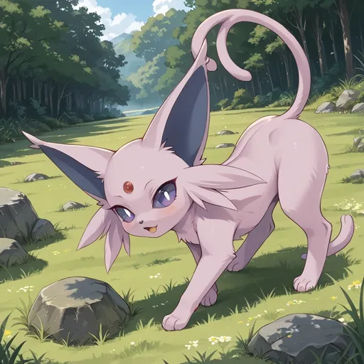 Prompt: espeon standing on a boulder in the grassy field. 