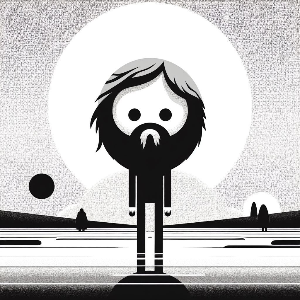 Prompt: a black and white figure with a beard is standing on a flat landscape, in the style of jeff soto, animated gifs, clockpunk, use of light and shadow, circular shapes, emotive faces, yumihiko amano