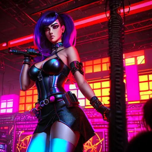 Prompt: Cyberpunk art, Hex Girls from Scooby Doo, on a stage, front, soft skin, epic Instagram, artstation,  hyperdetailed intricately detailed , unreal engine, intricate detail, splash screen, complementary colors, concept art, 8k, deviantart masterpiece, oil painting, heavy strokes, splash arts, dim lighting