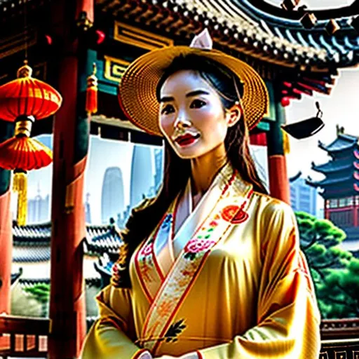 Prompt: An Asian woman wearing an ascot with a traditional robe, Hanfu, the person is wearing a mix of a business suit and East Asian attire, the person is wearing a fancy sun hat, the person is surrounded by domed buildings with Chinese roofs, landscape, realistic, photograph