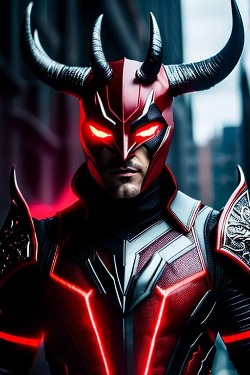 Prompt: Photorealistic Devil man, Red Skin and eyes, Black markings on face and body, Black horns with red tips, Red and Black Leather Style Armor, Intricately Detailed, Hyper Detailed, Hyper Realistic, Volumetric Lighting, Beautiful coloring and face detail