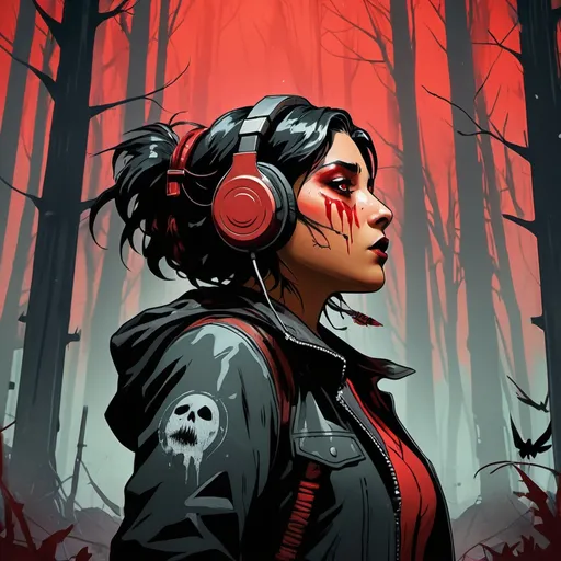 Prompt: dead by daylight. haddie kaur. curvy size brown woman. brown skin indian woman with hazel eyes. in a dark forest with tall rusty red metal storage lockers in the background. piercings. crows. heavy eyeliner. dripping red paint. dirty. electrical wire. scratches.leather jacket. headphones. hair streak. pitch black horror forest. frame black smoke, forest fire illustration