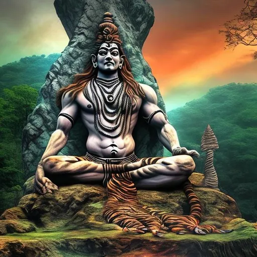 Prompt: mahadev shiv sitting in tiger forest hyper realistic 