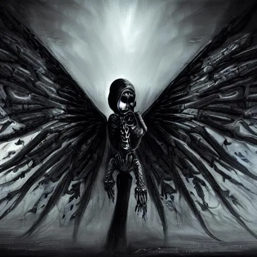 Prompt: Dark art, Malinois angel of death, half skeleton face, artstation, hyperdetailed intricately detailed, unreal engine, otherworldly, intricate detail, splash screen, dark colors, 8k, DeviantArt masterpiece, oil painting, heavy strokes, wings, doom eternal, tormented souls, standing, looking at the horizon, suffering, Animaloid