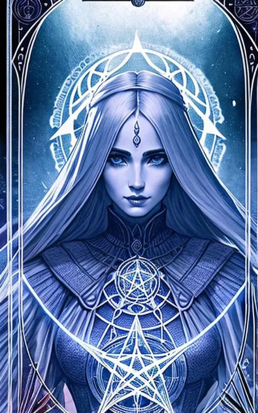 Prompt: tarot card style + goddess portrait, vintage detailed sci-fi illustration, pentagram + intricate Celtic ink illustration + symmetry + bloodborne