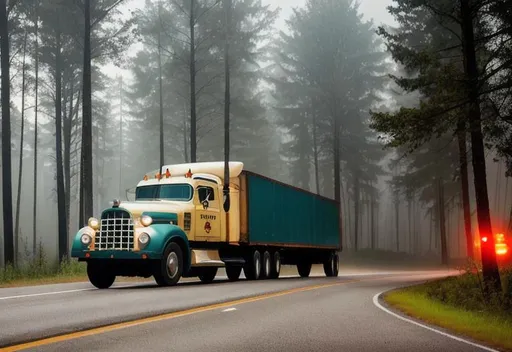 Prompt: A 1955 style semi-truck on a highway in a forest, foggy night