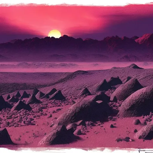 Prompt: concept art, thick red sandstorm grain filter, "Warlocks and Warriors" Sprague de Camp style, purple desert, jagged purple rock crags, red sky, sun hidden by sand