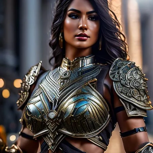 Prompt: {{ripped, shredded, visible muscles}}
Greek statue, hyper detailed painting, WLOP 
style, Insanely detailed full body, medium closeup, beautiful woman, {{leather armour, amazon}}, intricate face, beautiful long hair, rule of third of beutiful landscape ultra HD 4k 10 bit depth, chin small and u shaped, , hyperrealistic 