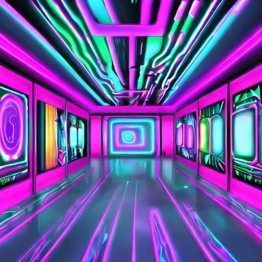Prompt: As you enter the room, a wave of neon colors and trippy patterns washes over you. The acidwave aesthetic is in full force here, with walls covered in bold, abstract designs and flickering fluorescent lights casting everything in a surreal glow. The music is a heady mix of glitchy beats and distorted vocals, pulling you further into the dreamlike atmosphere. It's like stepping into a hallucination, where nothing is quite as it seems and reality is a fluid, ever-shifting thing. In this acidwave world, anything is possible and everything is a little bit warped.