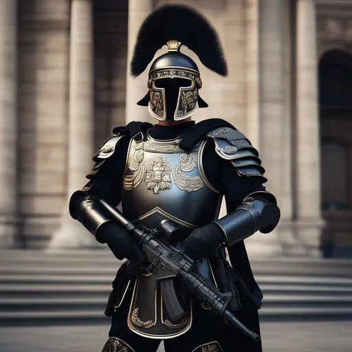 Prompt: A modern roman military male in black military armor galea helmet of roman armor, with a gunfire and gas mask, background Paris in war, Hyperrealistic, sharp focus, Professional, UHD, HDR, 8K, Render, electronic, dramatic, vivid, pressure, stress, nervous vibe, loud, tension, traumatic, dark, cataclysmic, violent, fighting, Epic