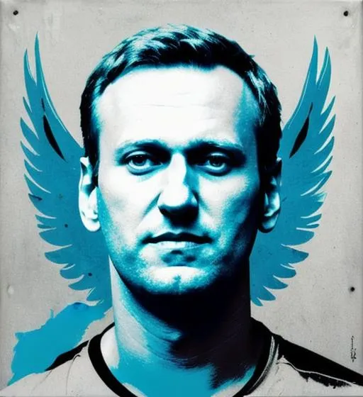 Prompt: Alexei Navalny, bird wing, political prisoner, protest, cerulean, blue, celadon, Banksy, Navalny