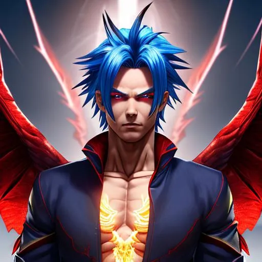 Prompt: Lucifer, face Realistic Human, lines red down eyes Vegito, Aasimar, big wing, 8k, full Hd, monk aesthetic, radiance, wings, Cyberpunk, uhd, 14k, dragon ball z, blue hair, yellow hair, fusion