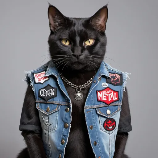 Prompt: black cat wearing a heavy metal music denim vest with patches