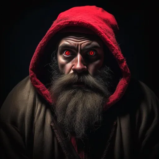 Prompt: portrait of a young sickly dwarf as an evil creature, terrified expression, hood, wispy hair, drug user, bags under eyes, twitchy, pallid skin, anorexic, dark magic, terrifying face, beard, red hat, creepy pose, full body, dramatic lighting, dark and horror, sharp teeth, red eyes, intricate, wild, highly detailed, digital painting, artstation, concept art, smooth, sharp focus, illustration, art by artgerm and greg rutkowski and alphonse mucha