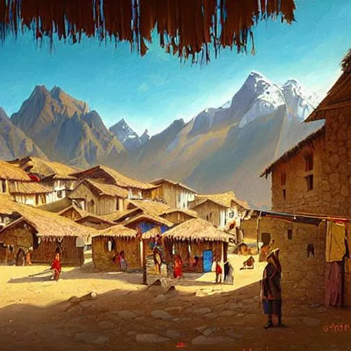 Prompt: a beautiful painting, of a small incan village market, almost empty, incan architecture, it's a sunny day, mountains in the background, art by christophe vacher