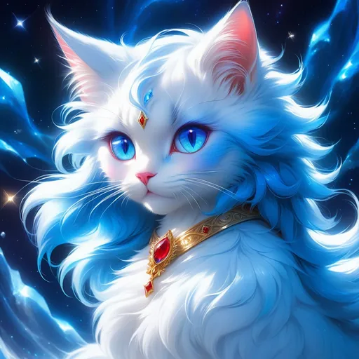 Prompt: champion cat with {shiny blue fur} and {sapphire blue eyes}, young female cat prodigy, frost, ice element, by Erin Hunter, gorgeous anime portrait, beautiful cartoon, 2d cartoon, beautiful 8k eyes, elegant {red fur}, glossy sheen fur, pronounced scar on chest, fine oil painting, modest, gazing at viewer, beaming blue eyes, glistening blue fur, low angle view, zoomed out view of character, 64k, hyper detailed, expressive, timid, graceful, beautiful, expansive silky mane, deep starry sky, golden ratio, precise, perfect proportions, vibrant, standing majestically on a tall crystal stone, hyper detailed, complementary colors, UHD, HDR, top quality artwork, beautiful detailed background, unreal 5, artstaion, deviantart, instagram, professional, masterpiece