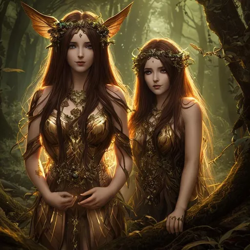 Prompt: Cinematic, Dark, Glamor, Shimmer, 3D HD Heroic Faded-Leaves and silk (Beautiful detailed face{Goddess}female with brown hair dressed as Wood Nymph), Morning, hyper realistic, 64K expansive Magical forest background --s99500
