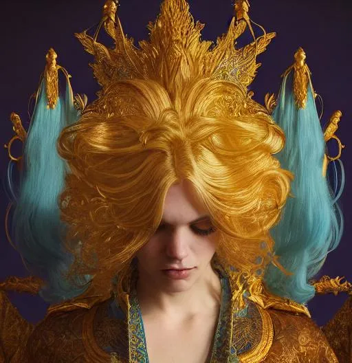 Prompt: Portrait of a god like young adult with ocean blue hair wearing gold lined garments, ruined alter, perfect composition, hyperrealistic, super detailed, 8k, high quality, trending art, trending on artstation, sharp focus, studio photo, intricate details, highly detailed, by greg rutkowski