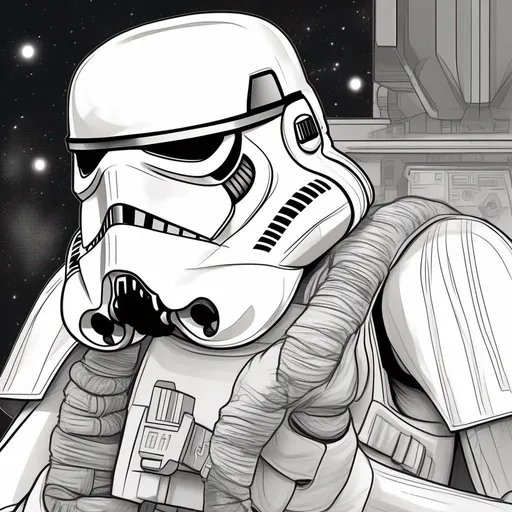 Prompt: Make a Star Wars sketch image with lots of detail in these categories: background, color, lighting/shadow depth and the most tip top quality. So for the image I want a storm trooper in a rebellion prison cell with handcuffs you can do no helmet or have a helmet but if you make he/she have no helmet you gotta put good detail on the face same with the skin tone shine/quality